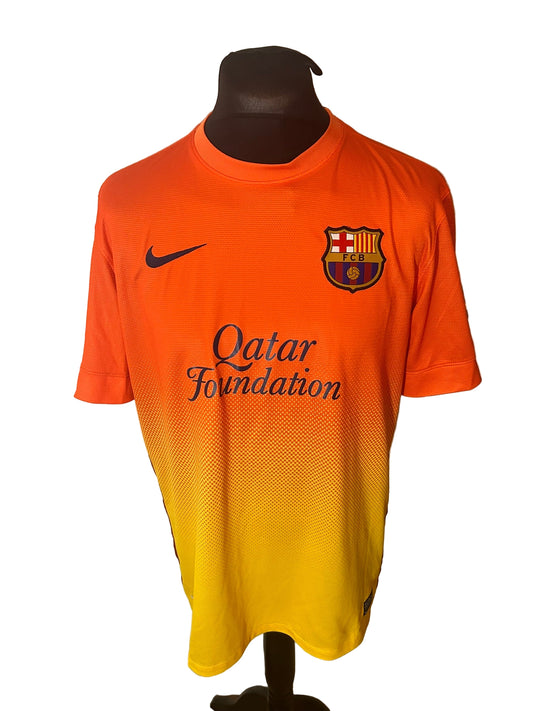 Barcelona 2012-13 away football shirt, Nike, large, orange and yellow, Lionel Messi, front