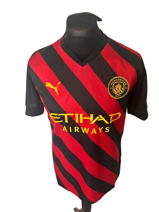 Manchester City 2022-23 away football shirt, red and black, medium, Puma, Phil Foden, front