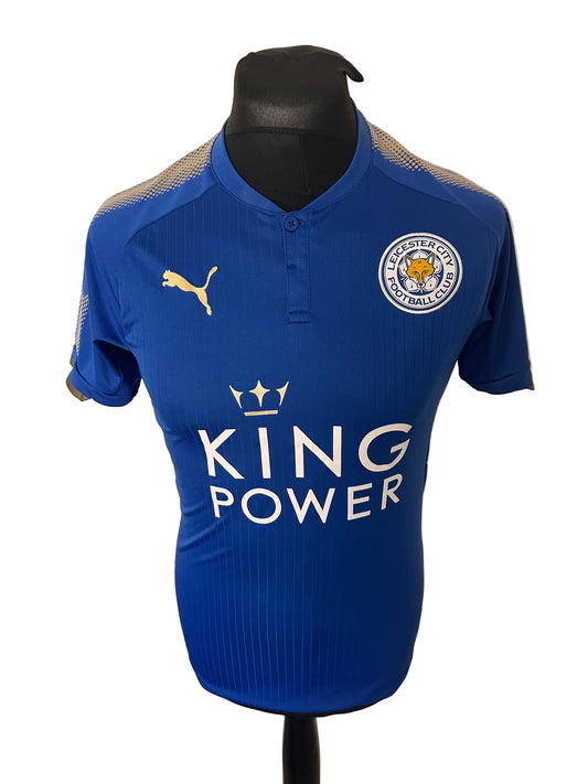 Leicester City 2017-18 home football shirt, Jamie Vardy, Puma, small, blue, front