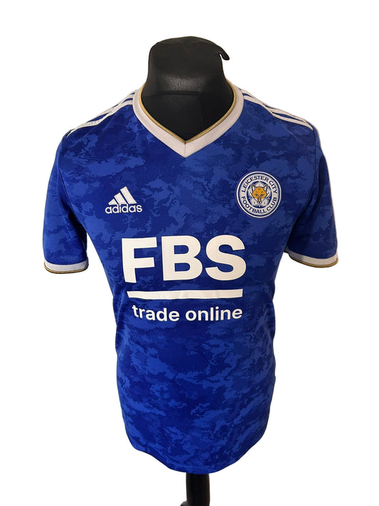 Leicester City 2021-22 home football shirt, Adidas, small, Jamie Vardy, blue, front
