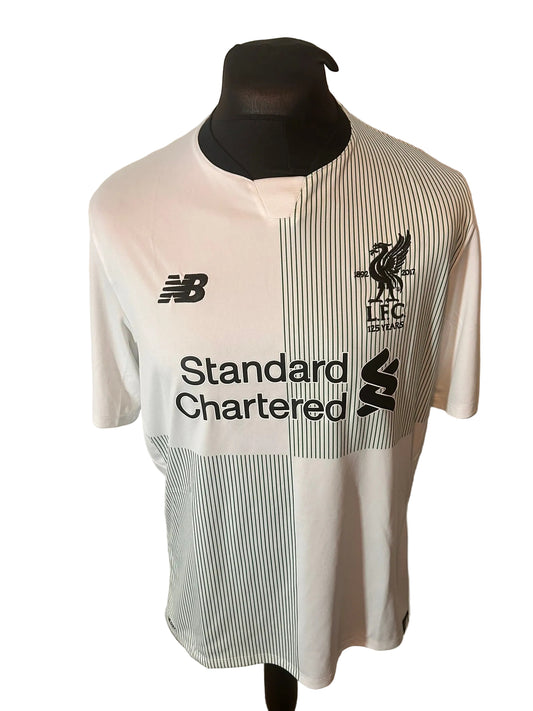 Liverpool 2017-18 away football shirt, white and green, Large, New Balance, Mohamed Salah, front