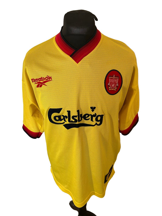 Liverpool 1997-99 away football shirt, Robbie Fowler, Reebok, large, yellow, front