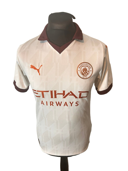 Manchester City 2023-24 away football shirt, Puma, small, white, front, Erling Haaland