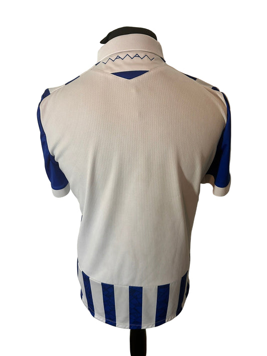 Sheffield Wednesday 2021-22 home football shirt, Macron, medium, blue and white, stripes, back