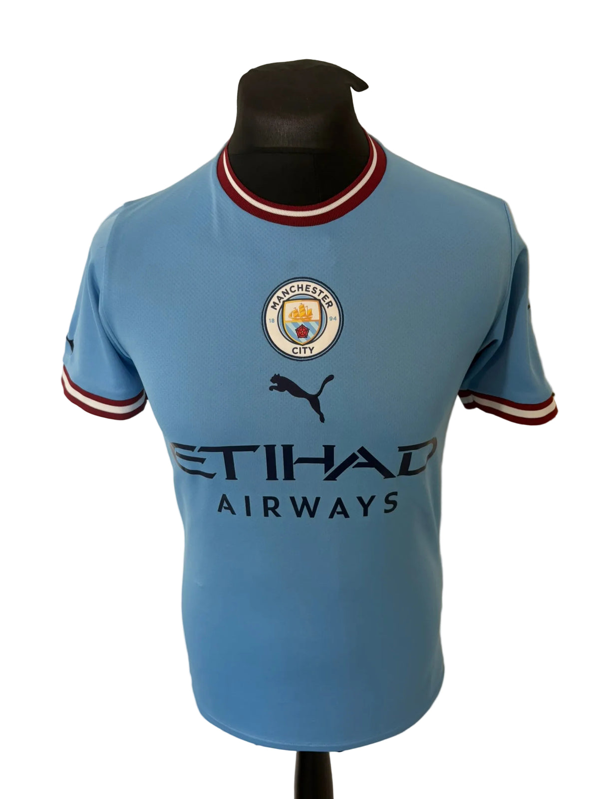 Manchester City 2022-23 home football shirt, blue, small, Puma, Erling Haaland, front