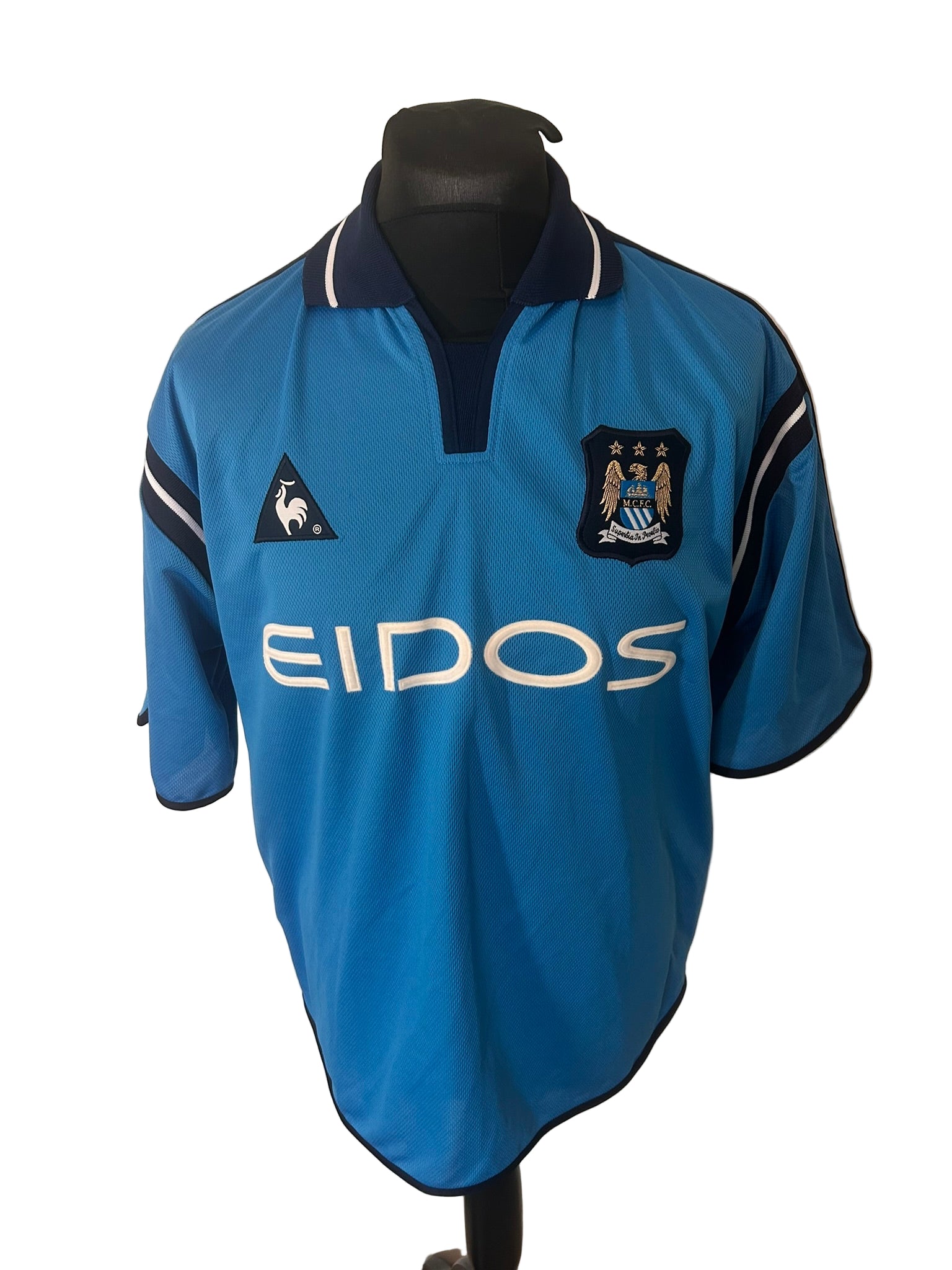Manchester City 2001-02 home football shirt, blue, large, Le Coq Sportif, Ali Benarbia, front