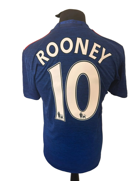 Manchester United 2016-17 away football shirt, blue, small, Adidas, Wayne Rooney, back