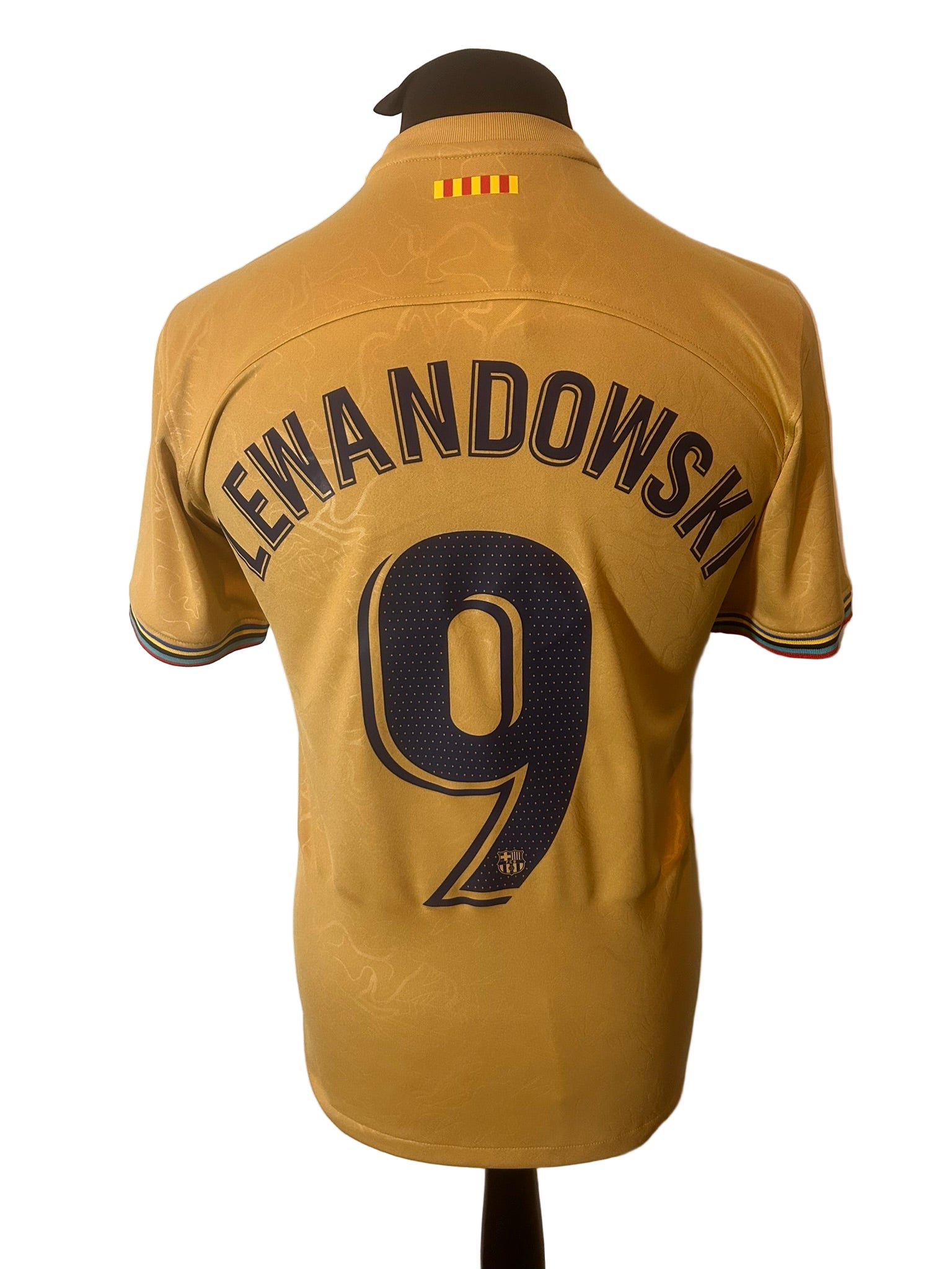 Barcelona 2022-23 away football shirt, Nike, small, gold, Robert Lewandowski, back