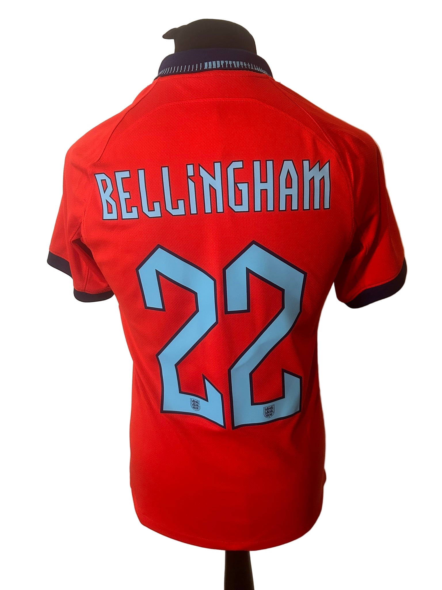 England 2022-23 away football shirt, Nike, small, red, Jude Bellingham, back