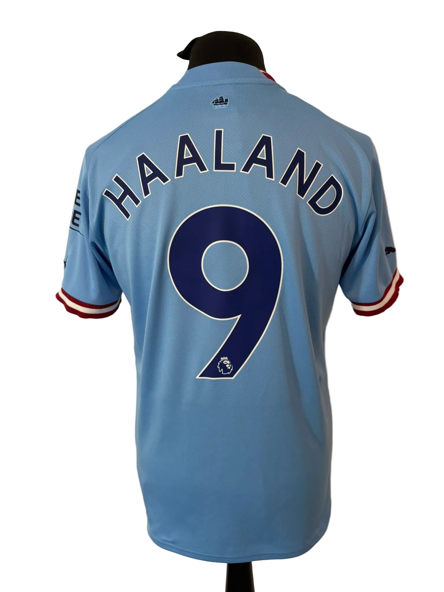 Manchester City 2022-23 home football shirt, blue, medium, Puma, Erling Haaland, back