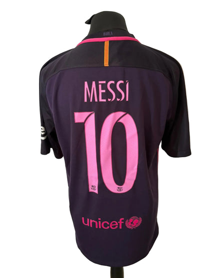 Barcelona 2016-17 away football shirt, purple, Large, Nike, Lionel Messi, back