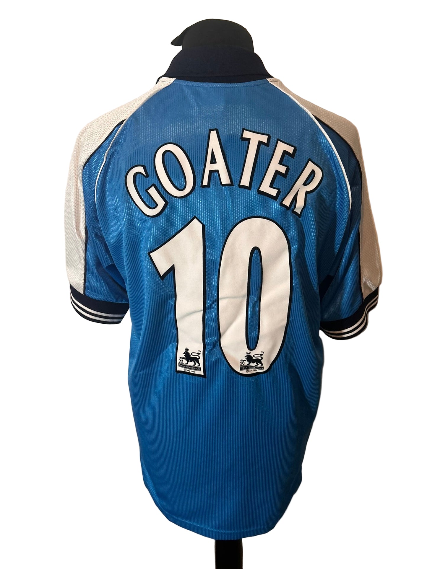 Manchester City 1999-01 home football shirt, Le Coq Sportif, medium, blue, Shaun Goater, back