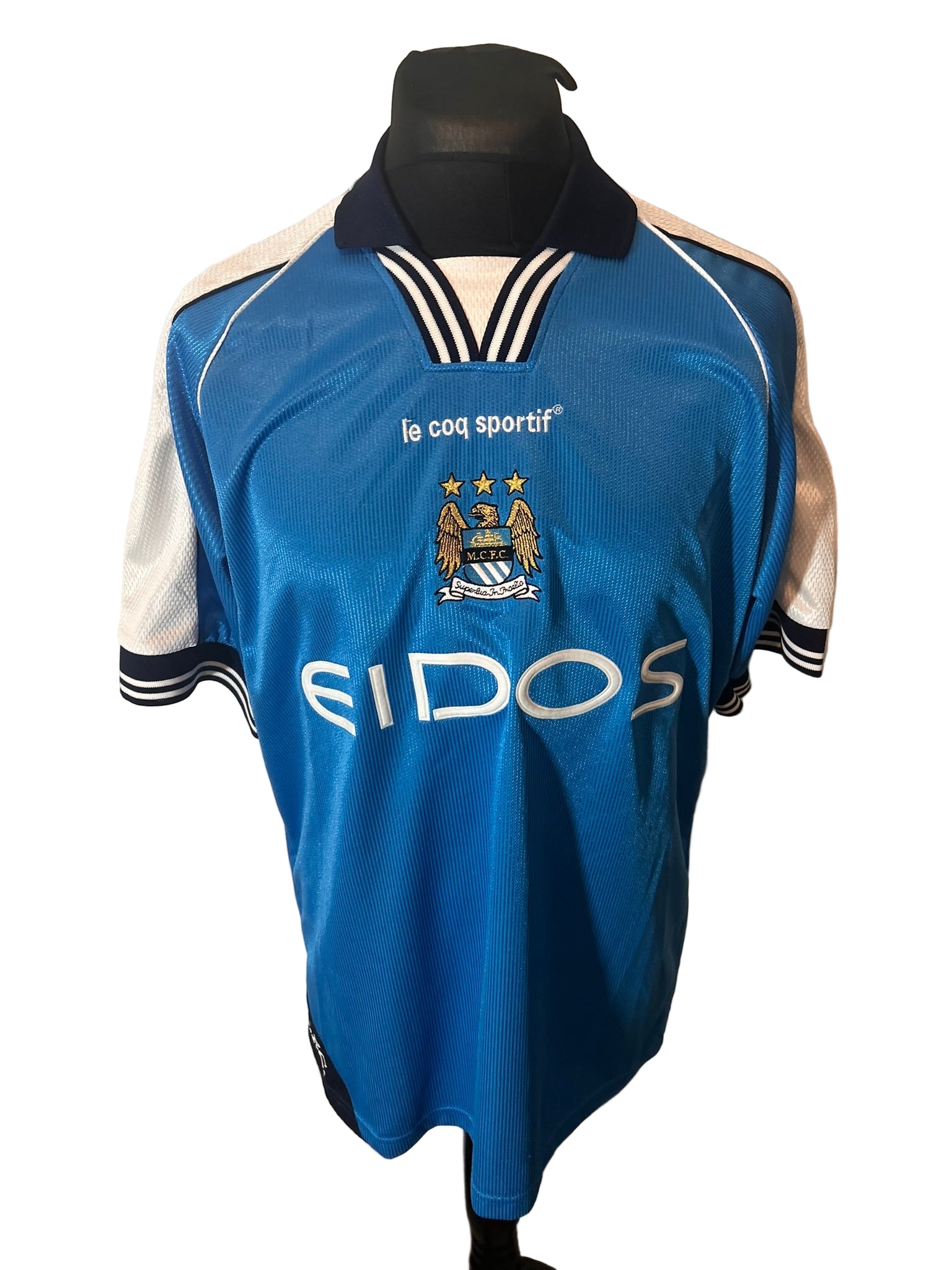Manchester City 1999-01 home football shirt, Le Coq Sportif, medium, blue, Shaun Goater, front