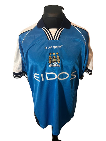 Manchester City 1999-01 home football shirt, Le Coq Sportif, medium, blue, Shaun Goater, front
