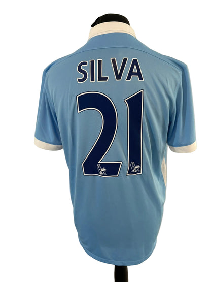 Manchester City 2015-16 home football shirt, blue, Large, Nike, David Silva, back
