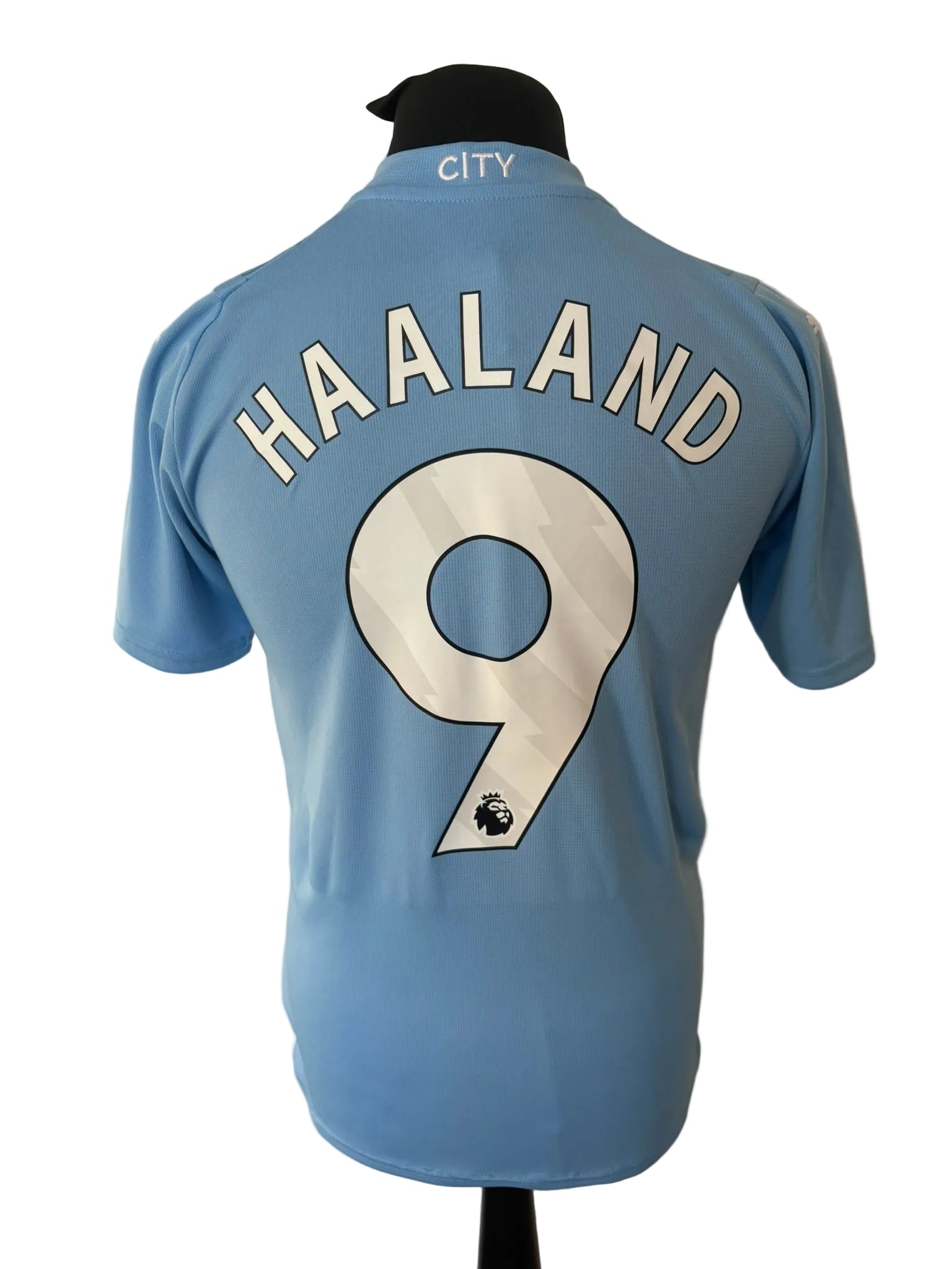 Manchester City 2023-24 home football shirt, blue, small, Puma, Erling Haaland, back
