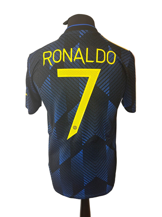 Manchester United 2021-22 third football shirt, adidas, small, blue and black, Cristiano Ronaldo, back