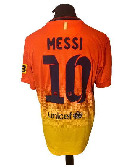 Barcelona 2012-13 away football shirt, Nike, large, orange and yellow, Lionel Messi, back