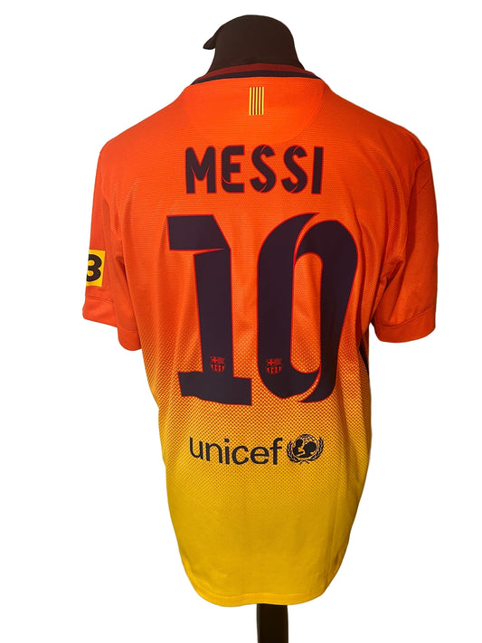 Barcelona 2012-13 away football shirt, Nike, large, orange and yellow, Lionel Messi, back