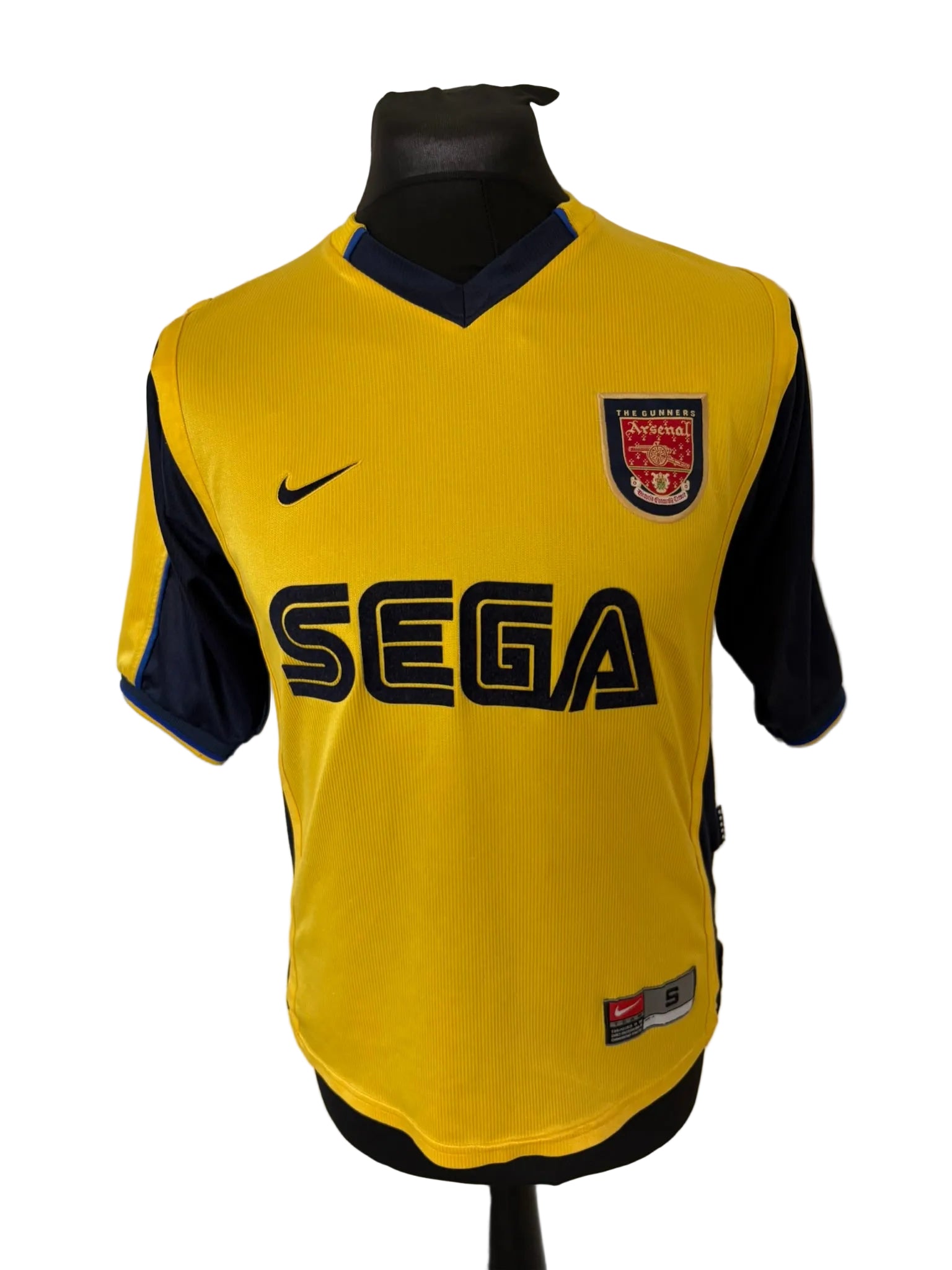 Arsenal 1999-01 away football shirt, yellow, small, Nike, Dennis Bergkamp, front