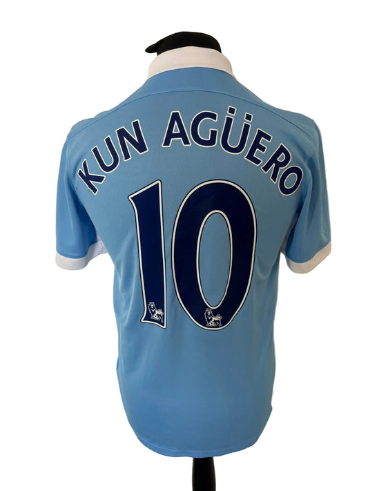 Manchester City 2015-16 home football shirt, blue, small, Nike, Sergio Aguero, back