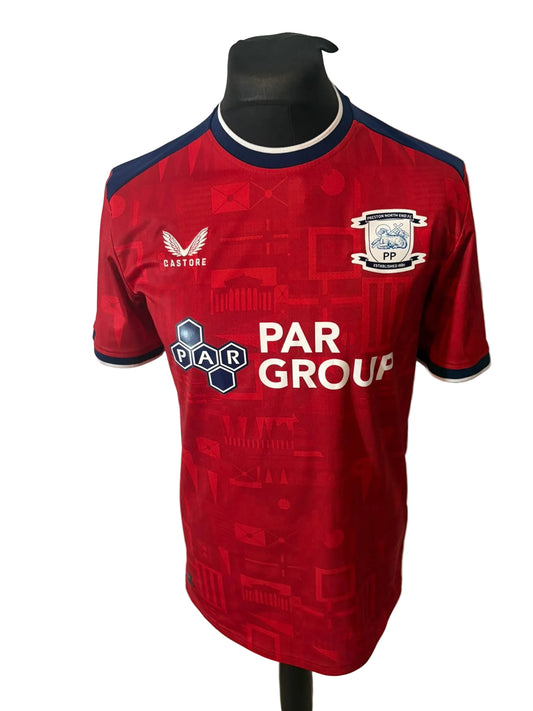 Preston North End 2023-24 away football shirt, red, medium, Castore, front