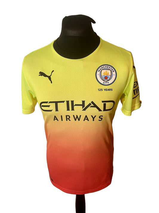 Manchester City 2019-20 third football shirt, Puma, small, yellow and pink, Kevin De Bruyne, front