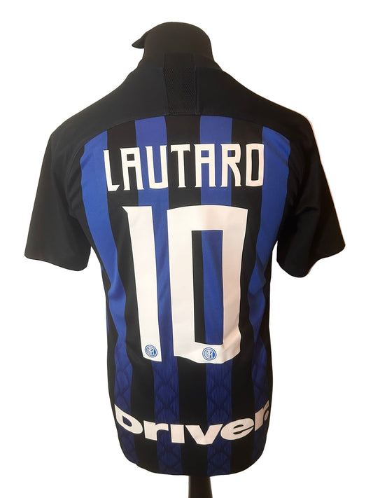 Inter Milan 2018-19 home football shirt, Nike, small, black and blue, Lautaro Martinez, back