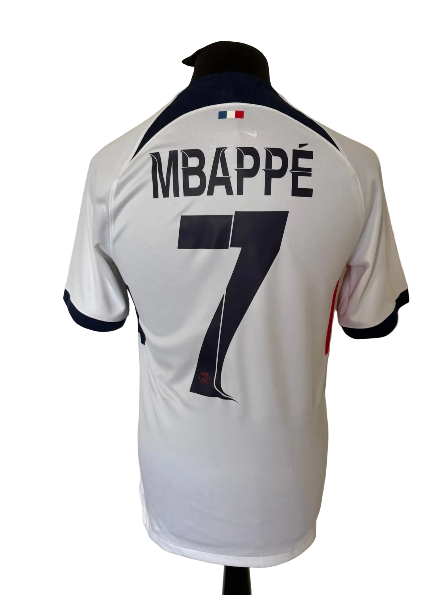 PSG, Paris Saint Germain 2023-24 away football shirt, white, small, Nike, Kylian Mbappe, back