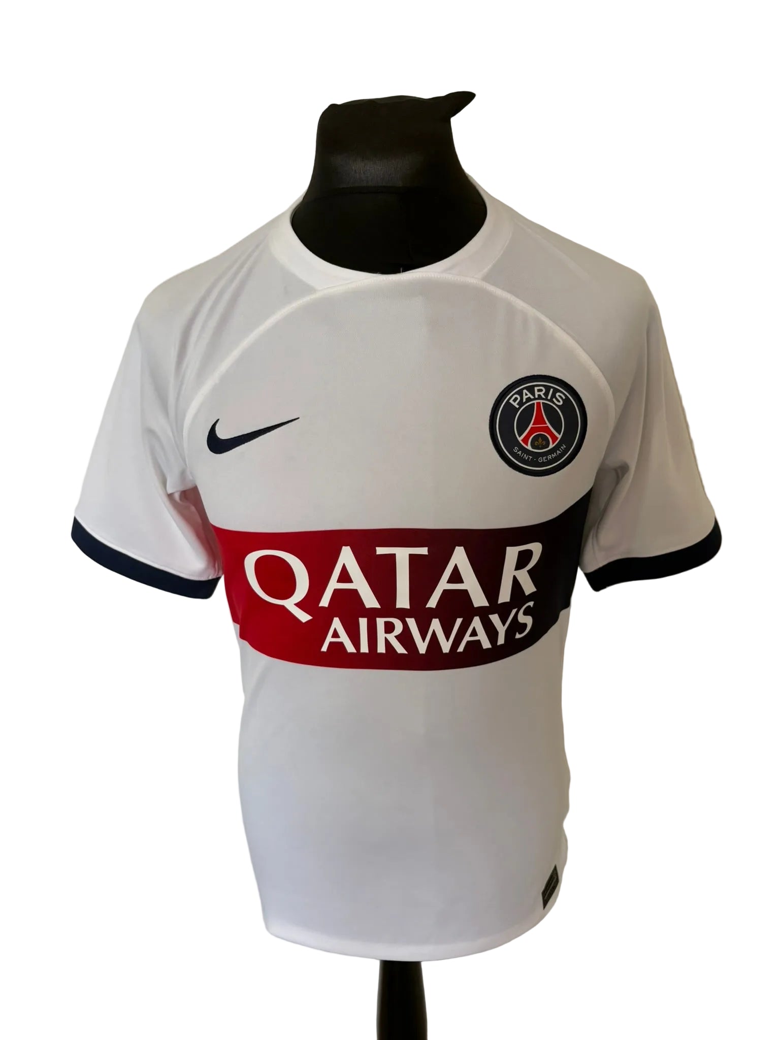 PSG, Paris Saint Germain 2023-24 away football shirt, white, small, Nike, Kylian Mbappe, front