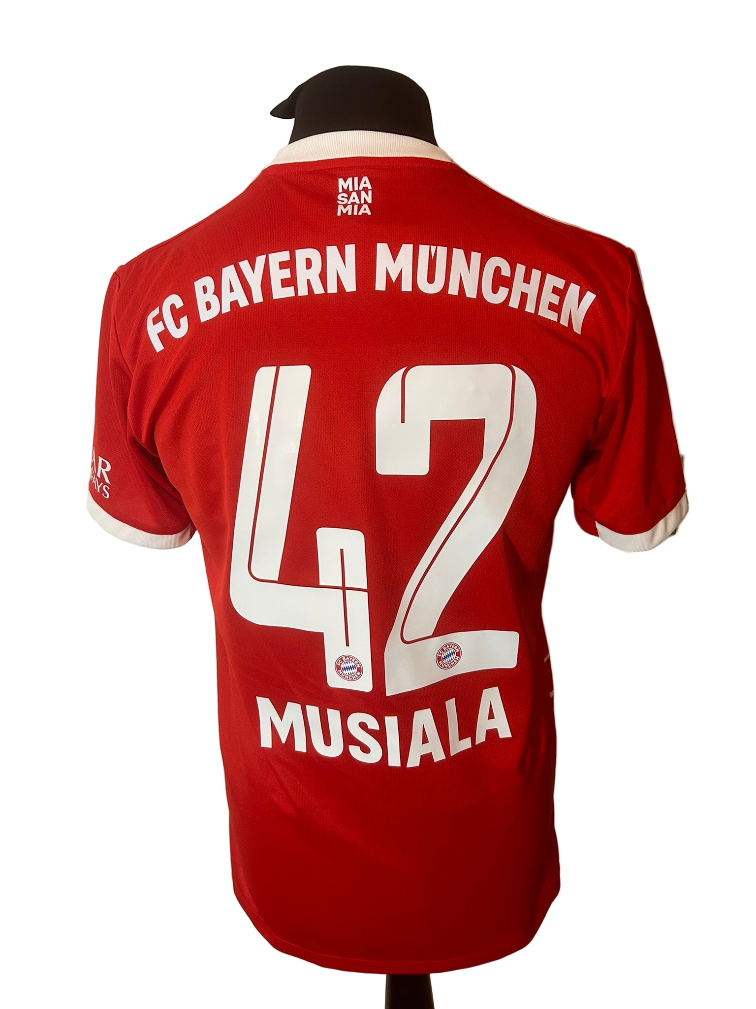 Bayern Munich 2022-23 home football shirt, adidas, medium, red, Jamal Musiala, back
