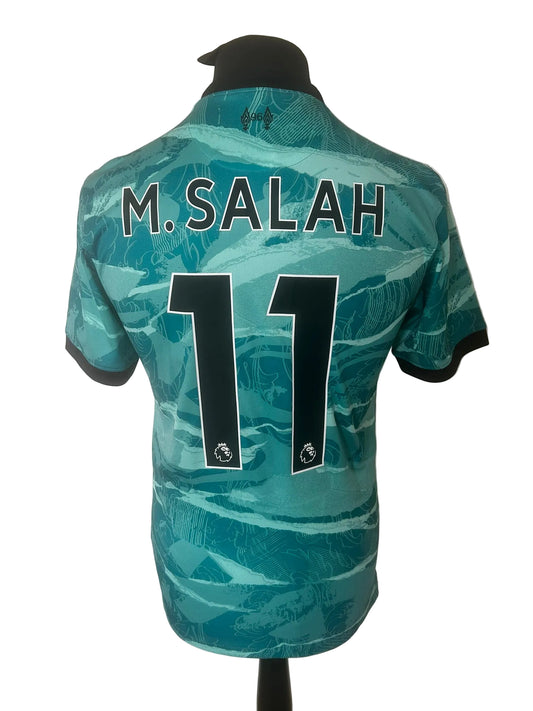 Liverpool 2020-21 away football shirt, turquoise, small, Nike, Mohamed Salah, back