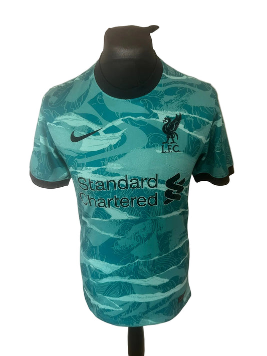 Liverpool 2020-21 away football shirt, turquoise, small, Nike, Mohamed Salah, front