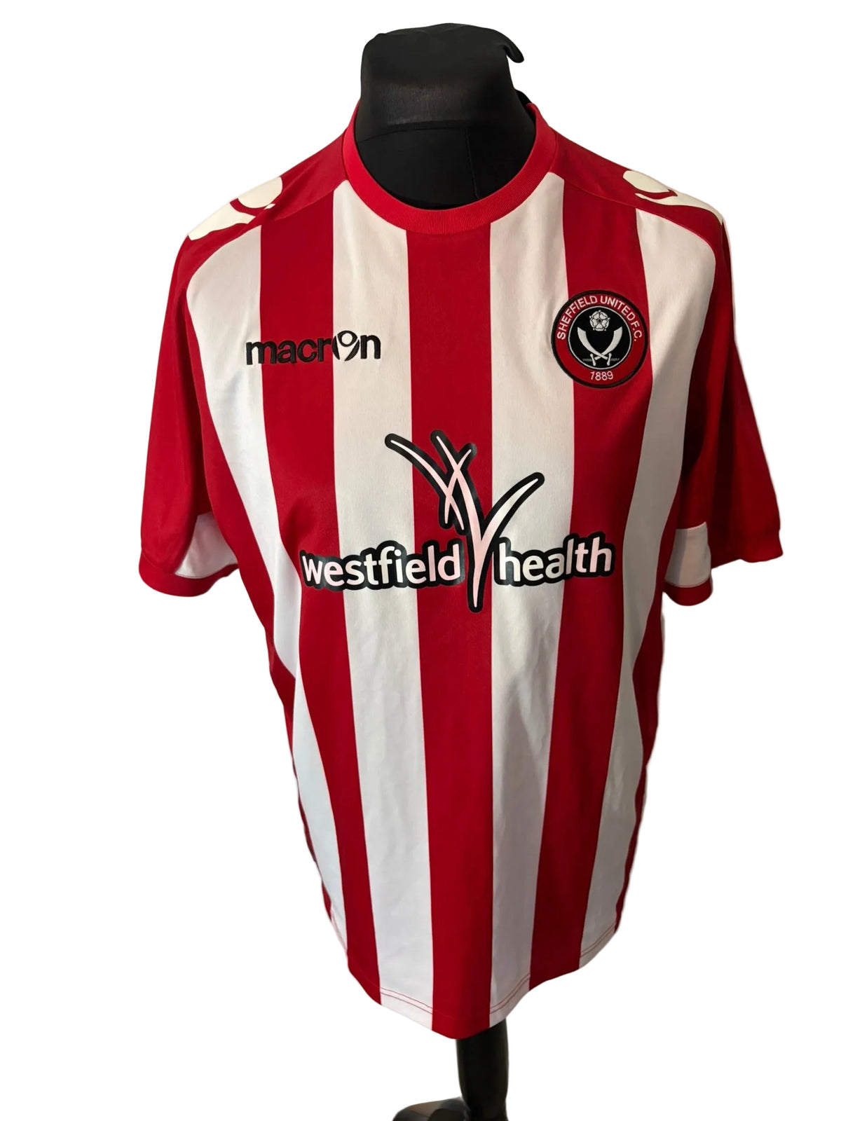 Sheffield United 2011-12 home football shirt, red and white, medium, Macron, front