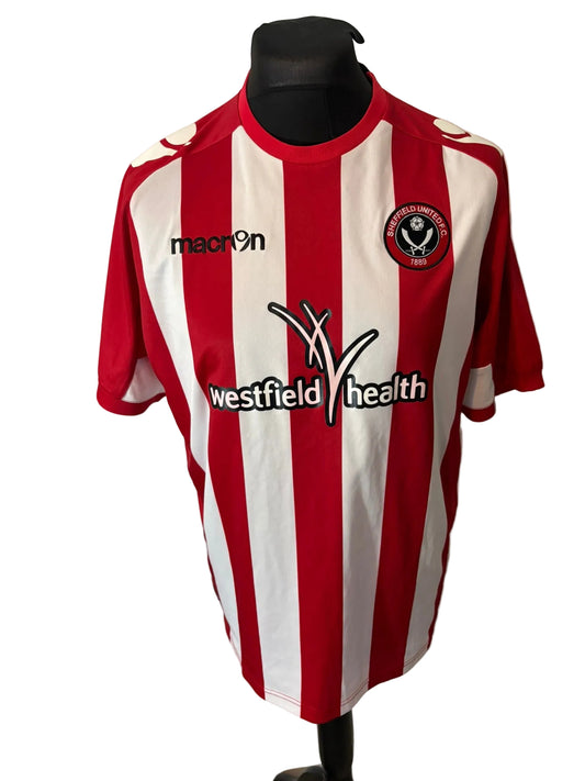 Sheffield United 2011-12 home football shirt, red and white, medium, Macron, front