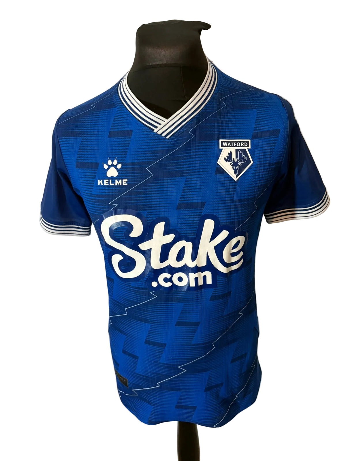 Watford 2022-23 away football shirt, blue, small, Kelme, front