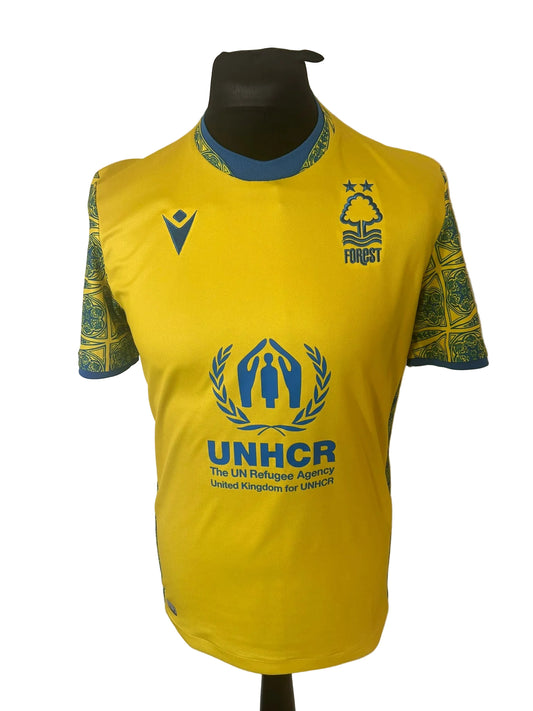 Nottingham Forest 2022-23 away football shirt, yellow, small, Macron, front