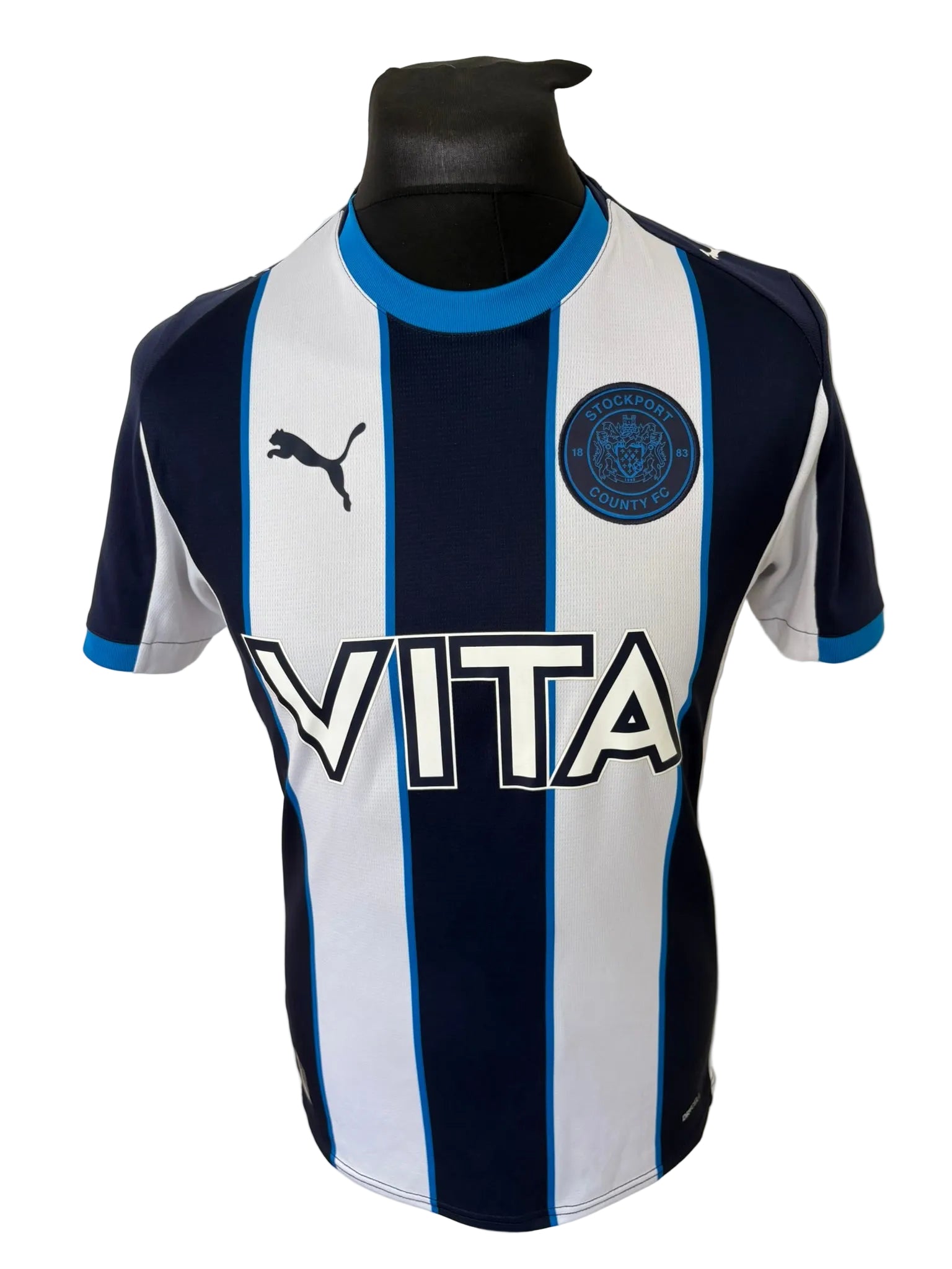 Stockport County 2025-26 home football shirt, navy and white, small, Puma, front