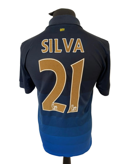 Manchester City 2014-15 away football shirt, blue, small, Nike, David Silva, back