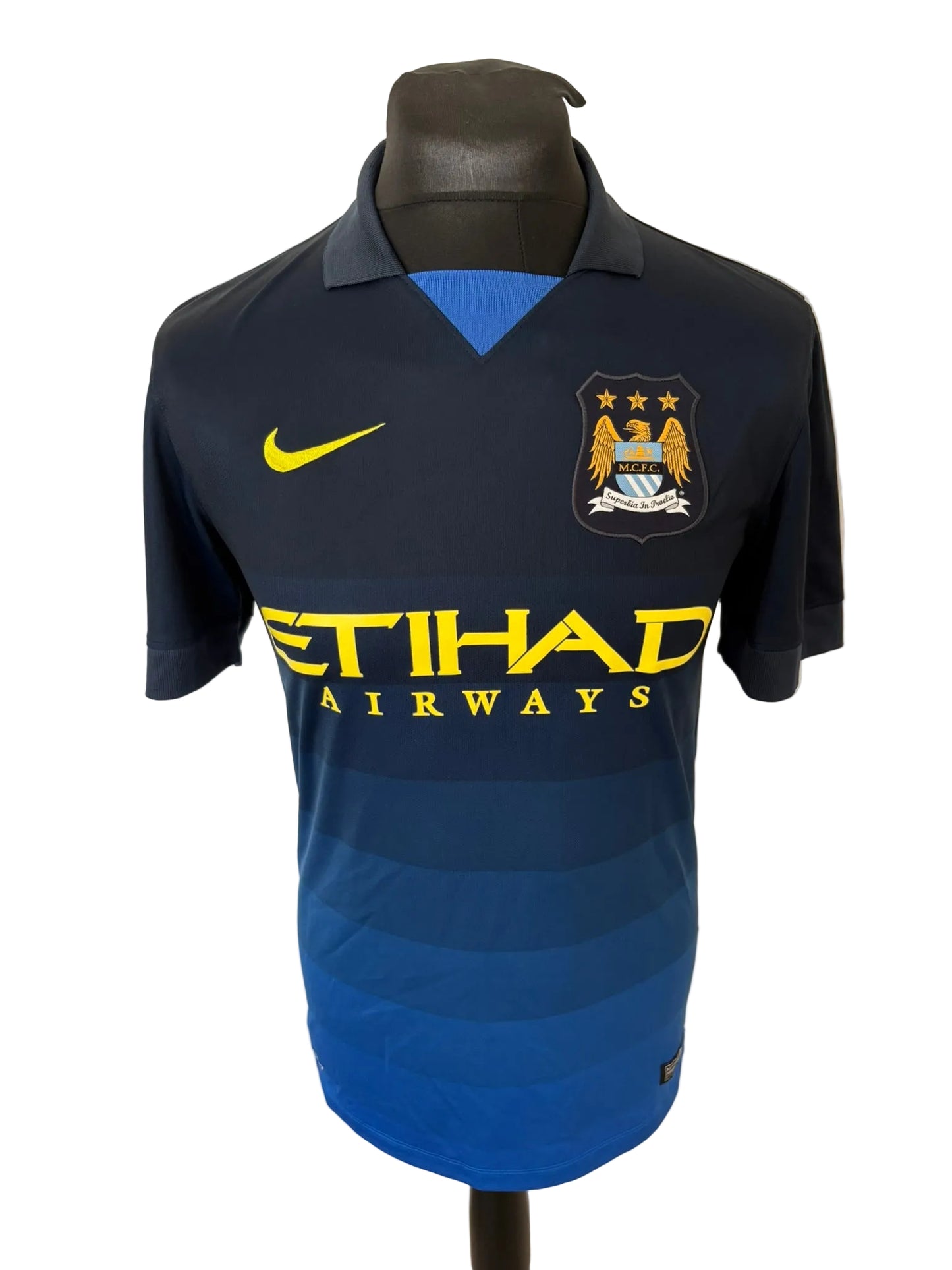 Manchester City 2014-15 away football shirt, blue, small, Nike, David Silva, front