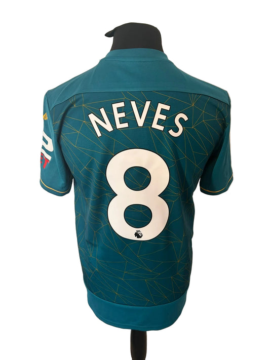 Wolves, Wolverhampton Wanderers 2022-23 away football shirt, teal, medium, Castore, Ruben Neves, back