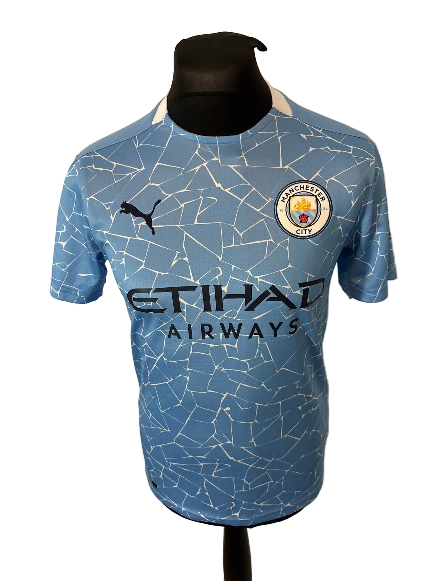 Manchester City 2020-21 home football shirt, blue, small, Puma, Kevin De Bruyne, front
