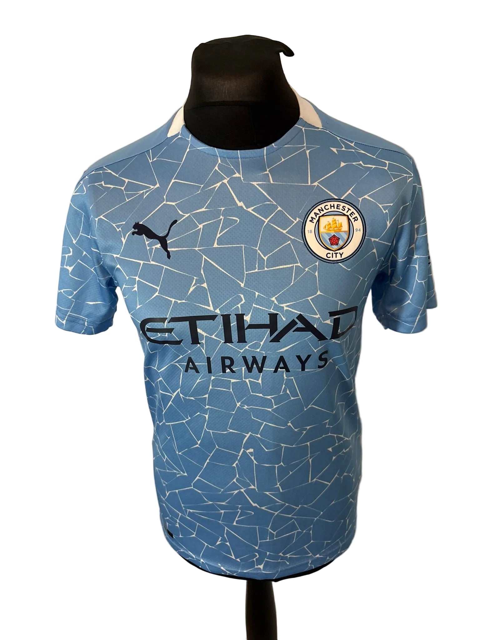 Manchester City 2020-21 home football shirt, blue, small, Puma, Kevin De Bruyne, front