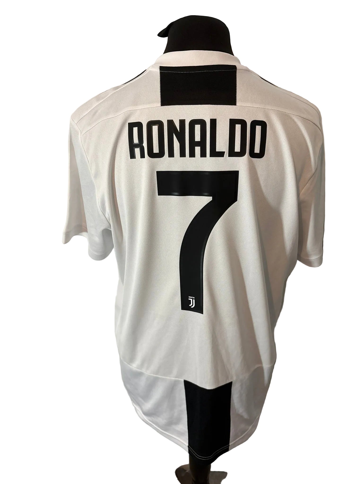 Juventus 2018-19 home football shirt, black and white, Extra Large, XL, Adidas, Cristiano Ronaldo, back