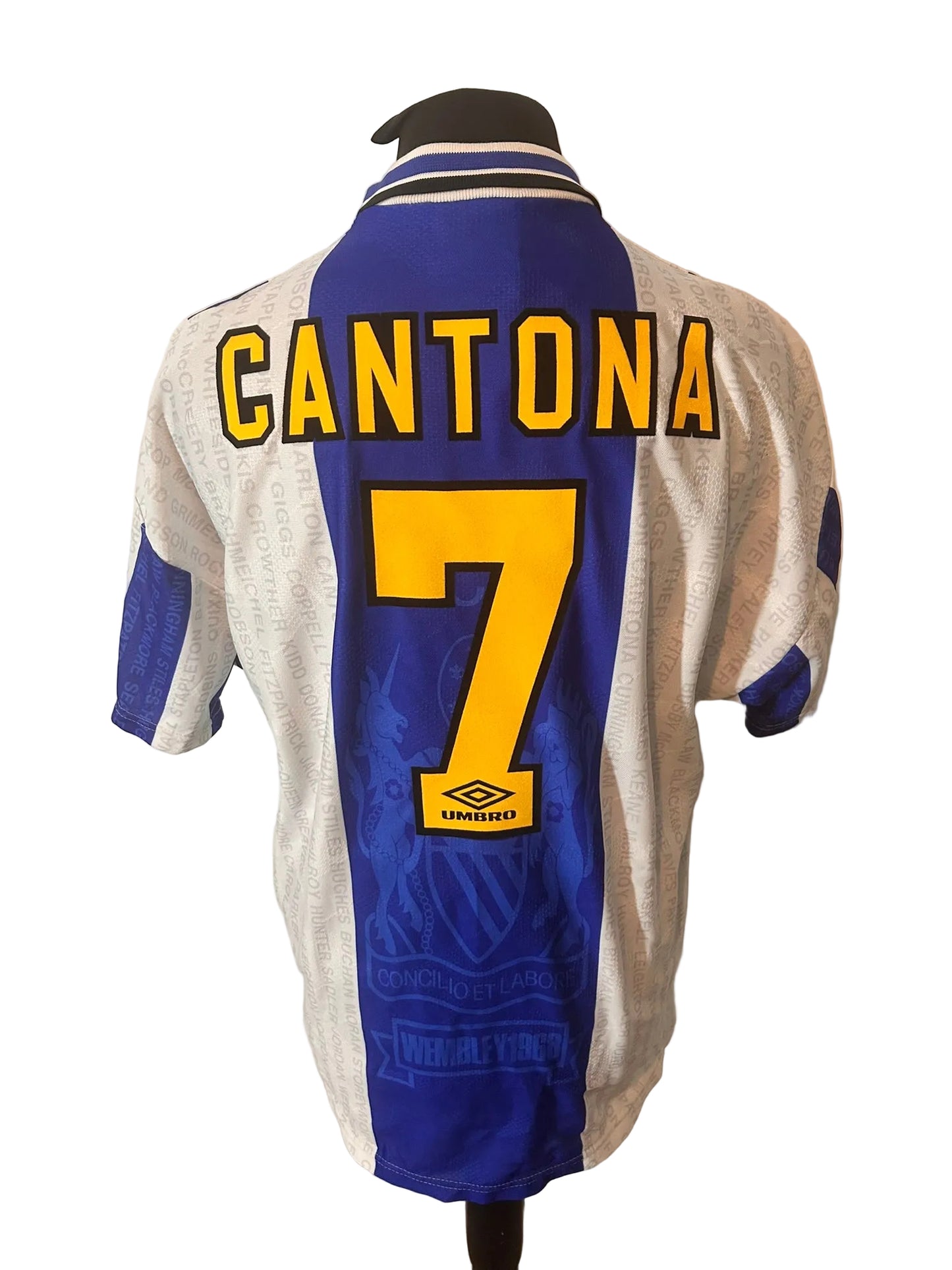 Manchester United 1994-96 third football shirt, blue and white, Large, Umbro, Eric Cantona, back