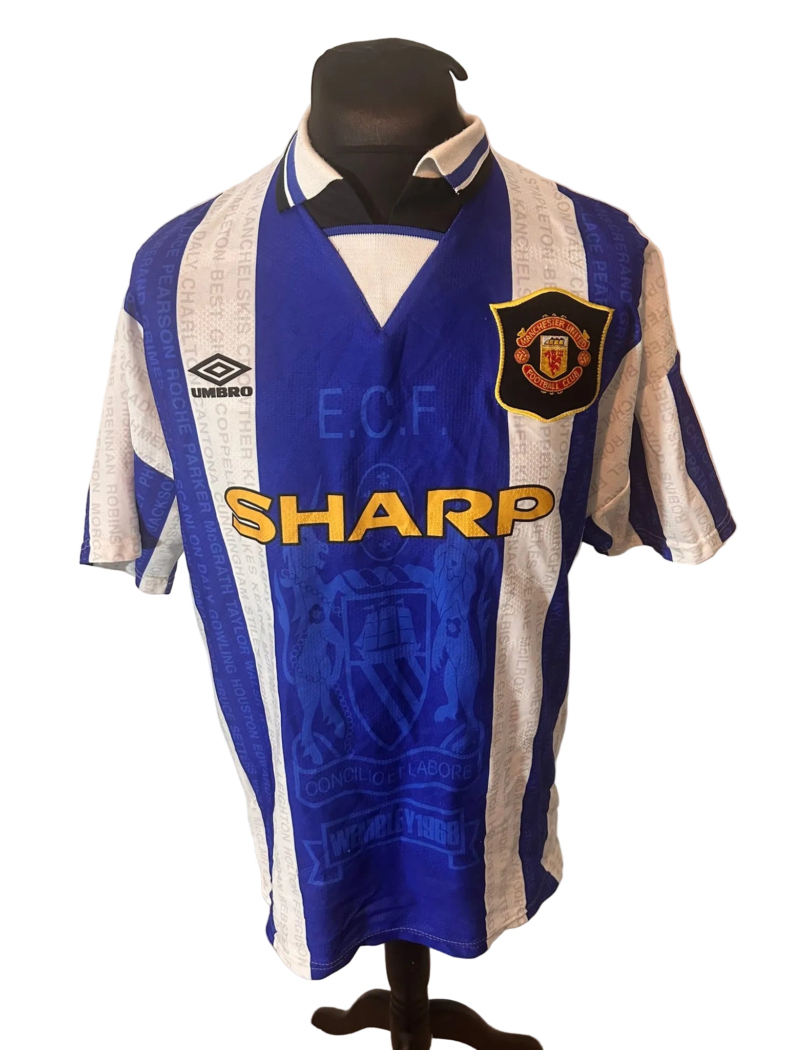 Manchester United 1994-96 third football shirt, blue and white, Large, Umbro, Eric Cantona, front