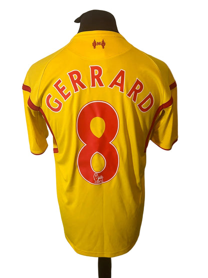 Liverpool 2014-15 away football shirt, yellow, medium, Warrior, Steven Gerrard, back