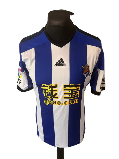 Real Sociedad 2014-15 home football shirt, blue and white, small, Adidas, front