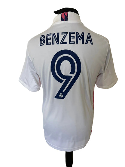 Real Madrid 2020-21 home football shirt, white, medium, Adidas, Karim Benzema, back