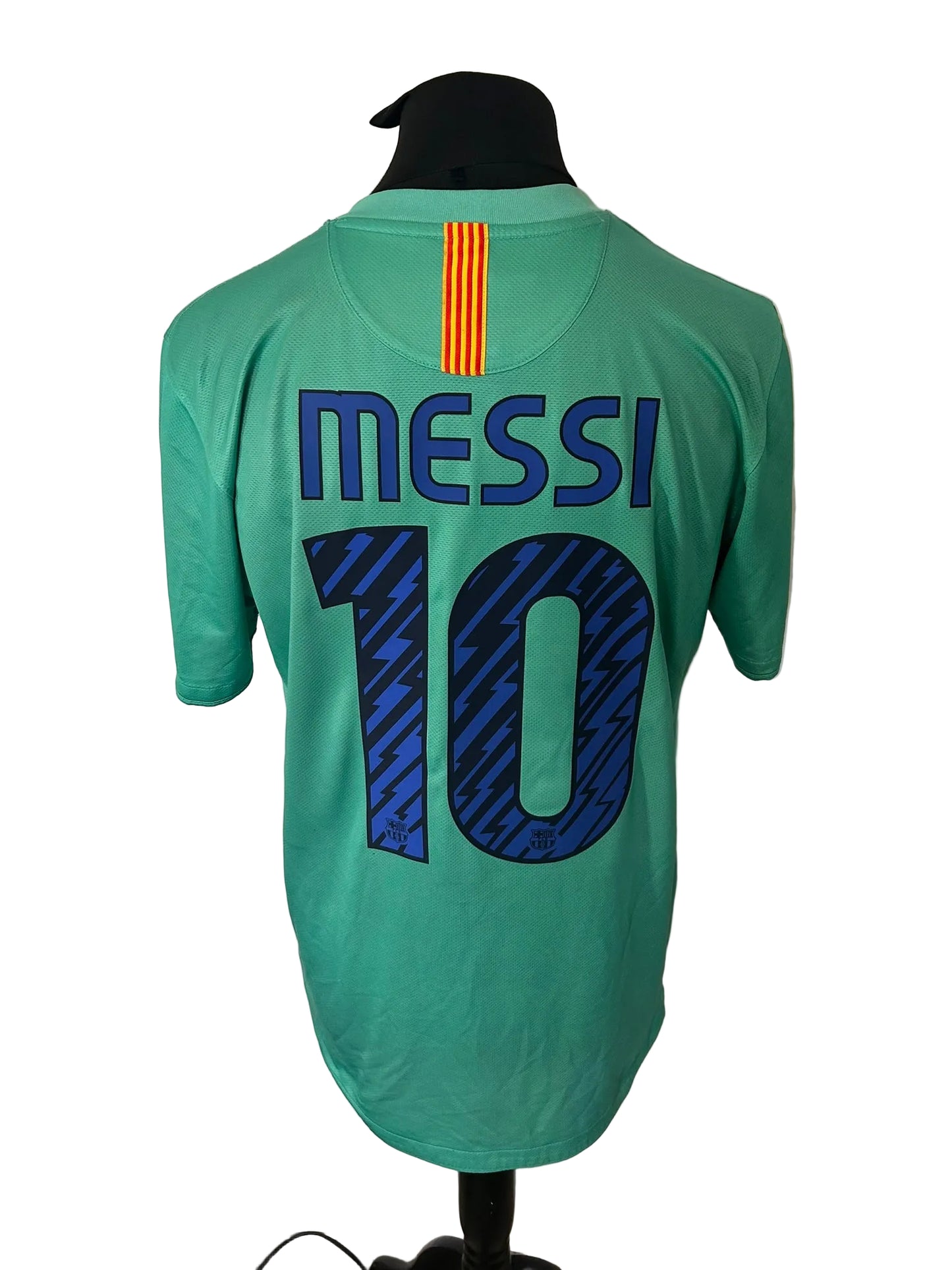 Barcelona 2010-11 away football shirt, turquoise, Large, Nike, Lionel Messi, back